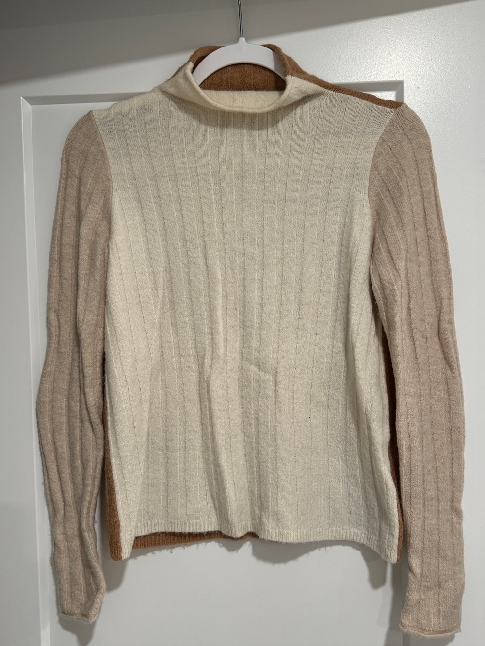 Madewell Cream and Beige Colorblock Ribbed Mock Neck Sweater